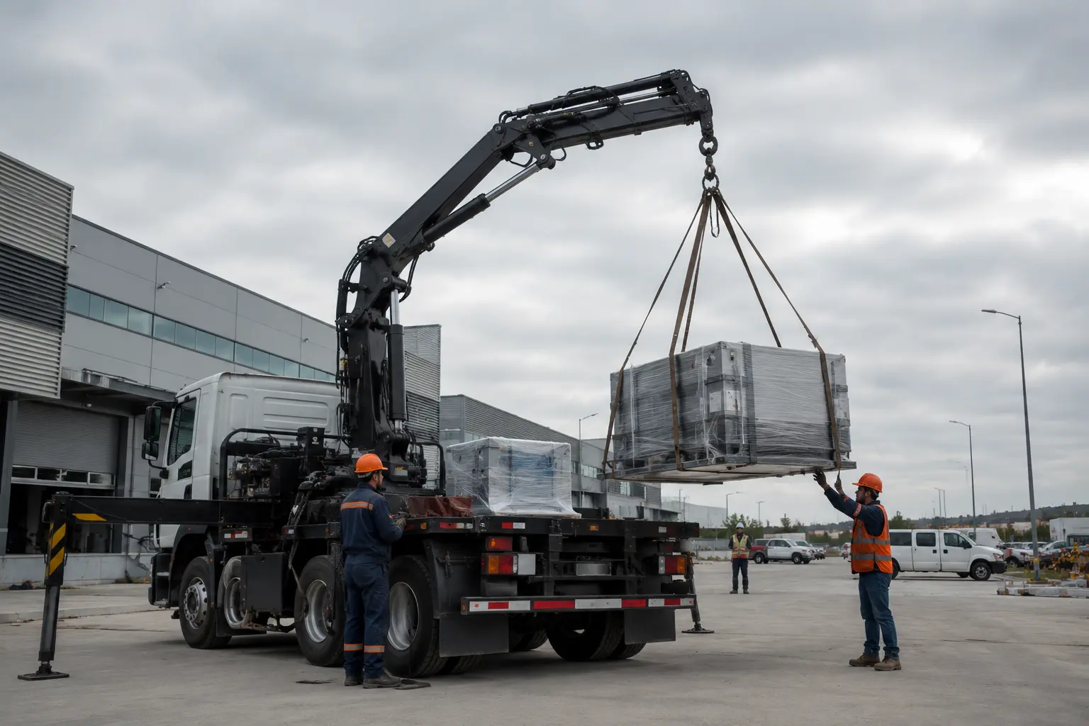 Grúa HIAB descargando material en un parque industrial de Puebla