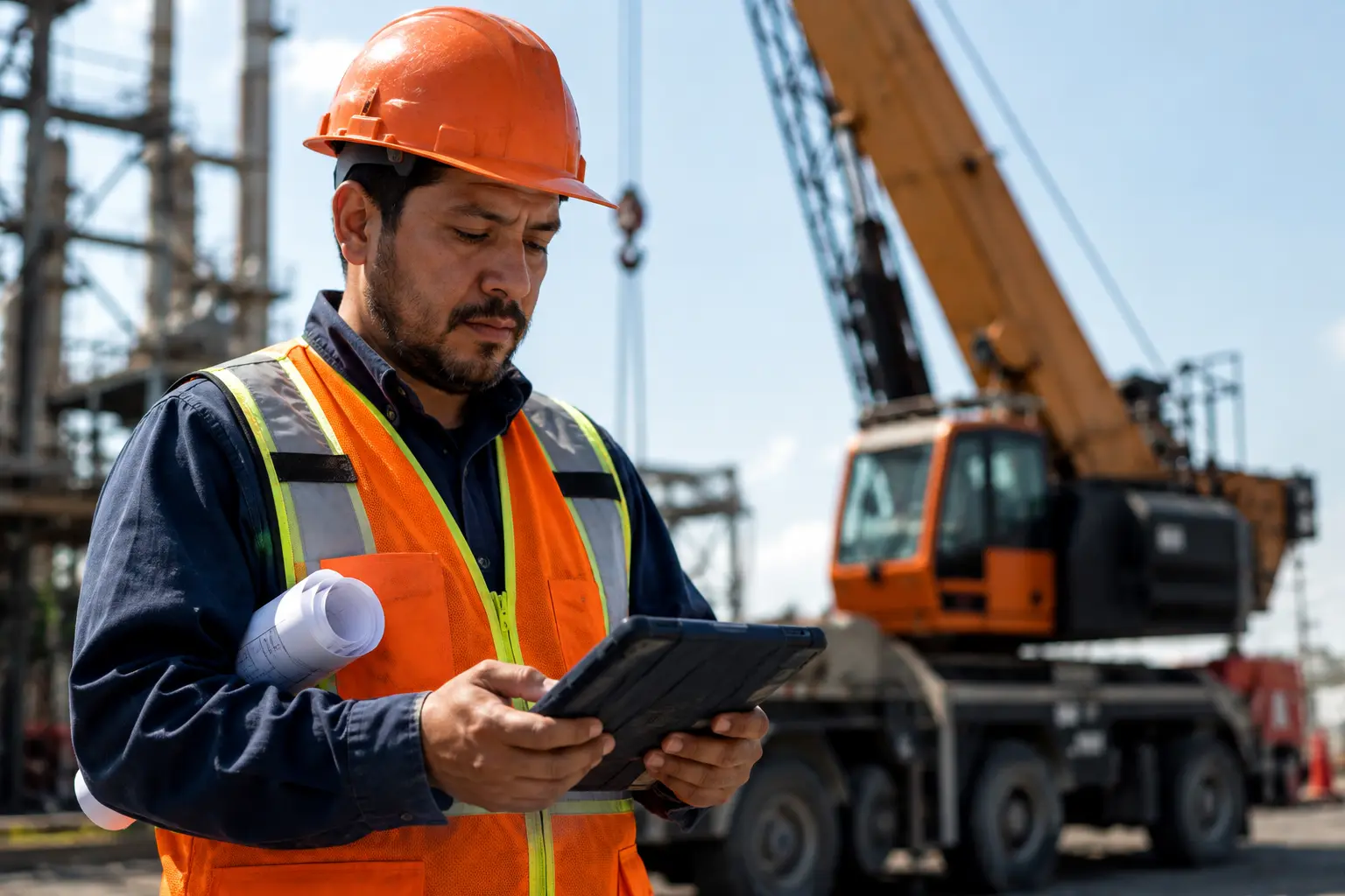 Operador de grúa certificado revisando el plan de izaje en sitio industrial
